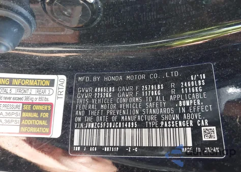 2018 Honda Clarity Plug-In Hybrid Touring z USA, uszkodzony, nr VIN JHMZC5F30JC014895